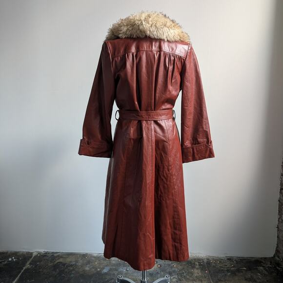 Vintage Leather Jacket Fur Trim Red 70s Penny Lane Boho Trench Afghan Coat Large - Picture 4 of 10